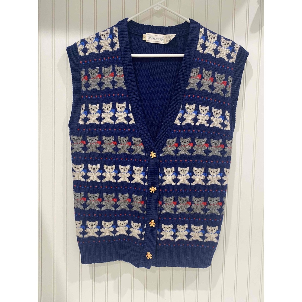 The Eagle's Eye Vintage Navy Blue Men's Teddy‎ Bears Shetland Wool Vest Medium